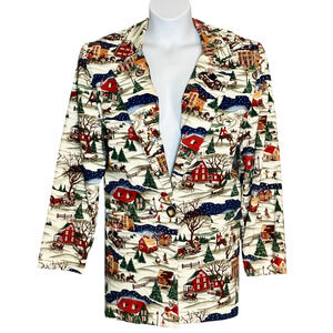 Vintage Sharon Young Holiday Blazer Jacket Sz L Winter Village Scene Christmas